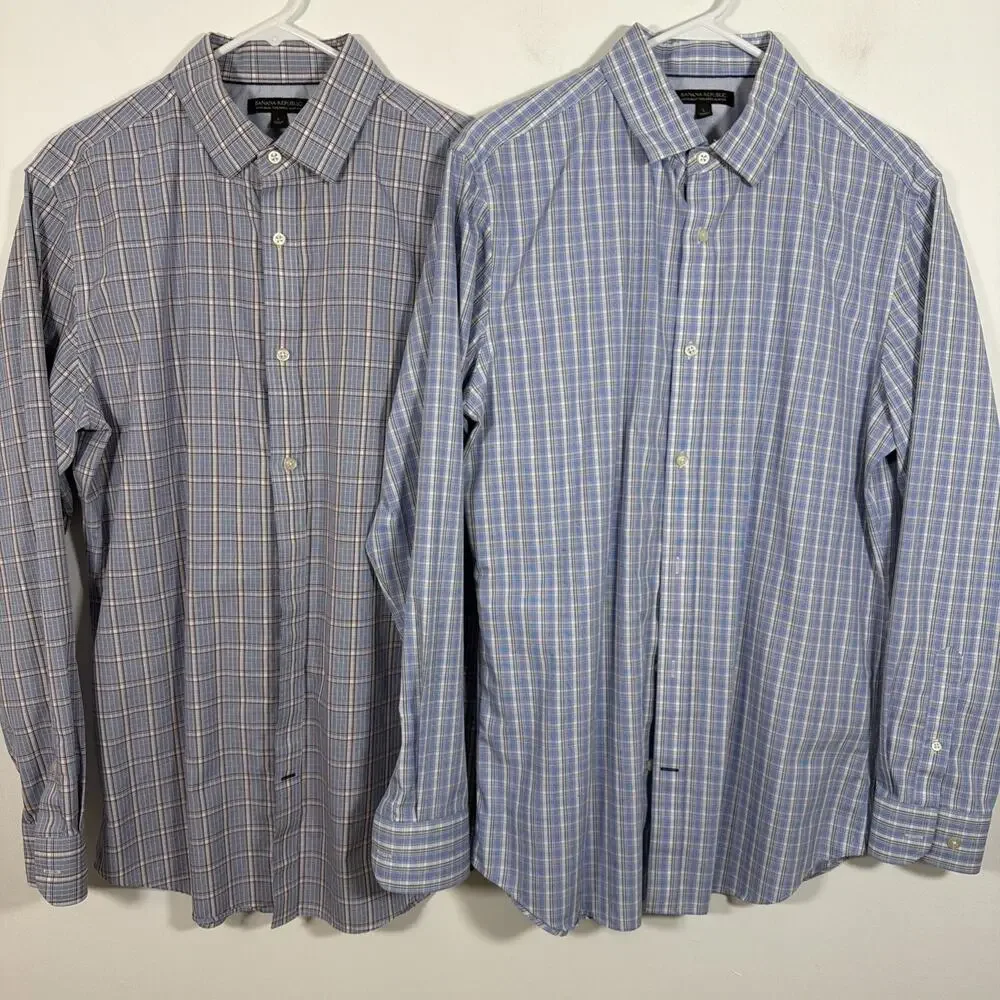 Banana Republic Non Iron Slim Fit Button‎ Up Dress Shirt Large Blue Plaid Bundle